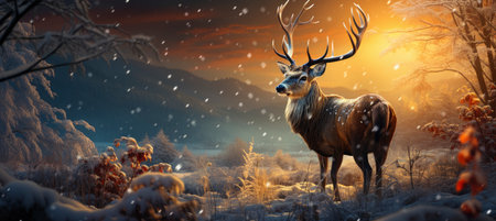 Festive snowy scene featuring snow-covered hills, a mountainous village, deer, woodland, pine trees, and reindeer. Seasonal natural backdrop with fox, elevations, and dwellingsの素材
