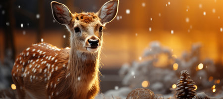 Festive snowy scene featuring snow-covered hills, a mountainous village, deer, woodland, pine trees, and reindeer. Seasonal natural backdrop with fox, elevations, and dwellingsの素材