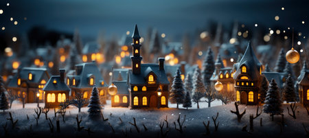 Festive snowy scene featuring snow-covered hills, a mountainous village, deer, woodland, pine trees, and reindeer. Seasonal natural backdrop with fox, elevations, and dwellingsの素材