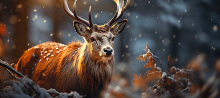 Festive snowy scene featuring snow-covered hills, a mountainous village, deer, woodland, pine trees, and reindeer. Seasonal natural backdrop with fox, elevations, and dwellingsの素材