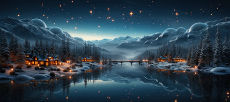 Festive snowy scene featuring snow-covered hills, a mountainous village, deer, woodland, pine trees, and reindeer. Seasonal natural backdrop with fox, elevations, and dwellingsの素材