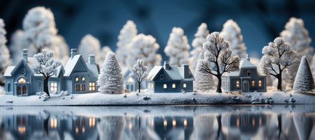 Festive snowy scene featuring snow-covered hills, a mountainous village, deer, woodland, pine trees, and reindeer. Seasonal natural backdrop with fox, elevations, and dwellingsの素材