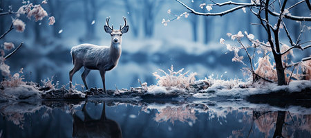 Festive snowy scene featuring snow-covered hills, a mountainous village, deer, woodland, pine trees, and reindeer. Seasonal natural backdrop with fox, elevations, and dwellingsの素材