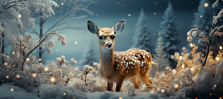 Festive snowy scene featuring snow-covered hills, a mountainous village, deer, woodland, pine trees, and reindeer. Seasonal natural backdrop with fox, elevations, and dwellingsの素材