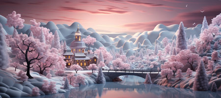 Festive snowy scene featuring snow-covered hills, a mountainous village, deer, woodland, pine trees, and reindeer. Seasonal natural backdrop with fox, elevations, and dwellingsの素材