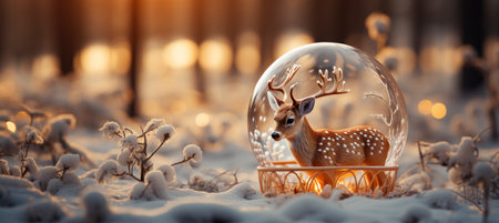 Festive snowy scene featuring snow-covered hills, a mountainous village, deer, woodland, pine trees, and reindeer. Seasonal natural backdrop with fox, elevations, and dwellingsの素材