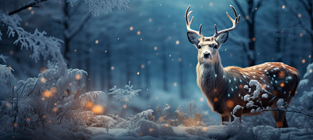 Festive snowy scene featuring snow-covered hills, a mountainous village, deer, woodland, pine trees, and reindeer. Seasonal natural backdrop with fox, elevations, and dwellingsの素材