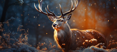 Festive snowy scene featuring snow-covered hills, a mountainous village, deer, woodland, pine trees, and reindeer. Seasonal natural backdrop with fox, elevations, and dwellingsの素材