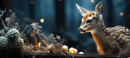 Festive snowy scene featuring snow-covered hills, a mountainous village, deer, woodland, pine trees, and reindeer. Seasonal natural backdrop with fox, elevations, and dwellingsの素材