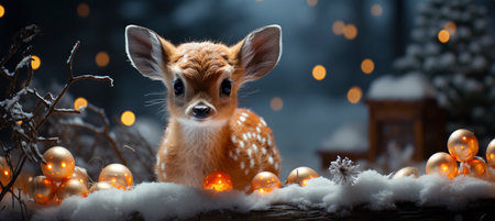Festive snowy scene featuring snow-covered hills, a mountainous village, deer, woodland, pine trees, and reindeer. Seasonal natural backdrop with fox, elevations, and dwellingsの素材