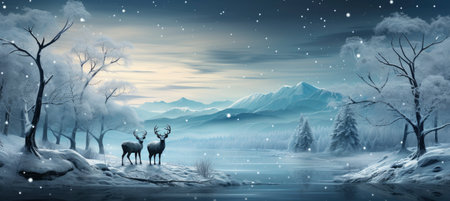 Festive snowy scene featuring snow-covered hills, a mountainous village, deer, woodland, pine trees, and reindeer. Seasonal natural backdrop with fox, elevations, and dwellingsの素材