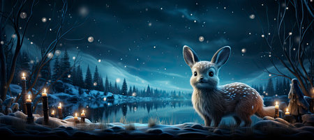 Festive snowy scene featuring snow-covered hills, a mountainous village, deer, woodland, pine trees, and reindeer. Seasonal natural backdrop with fox, elevations, and dwellingsの素材