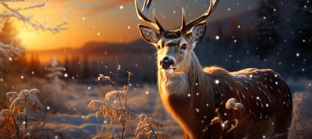 Festive snowy scene featuring snow-covered hills, a mountainous village, deer, woodland, pine trees, and reindeer. Seasonal natural backdrop with fox, elevations, and dwellingsの素材