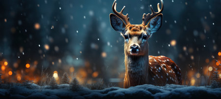 Festive snowy scene featuring snow-covered hills, a mountainous village, deer, woodland, pine trees, and reindeer. Seasonal natural backdrop with fox, elevations, and dwellingsの素材