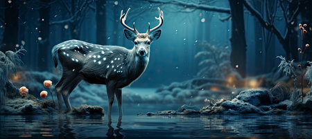 Festive snowy scene featuring snow-covered hills, a mountainous village, deer, woodland, pine trees, and reindeer. Seasonal natural backdrop with fox, elevations, and dwellingsの素材
