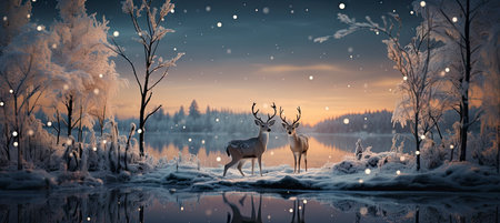 Festive snowy scene featuring snow-covered hills, a mountainous village, deer, woodland, pine trees, and reindeer. Seasonal natural backdrop with fox, elevations, and dwellingsの素材