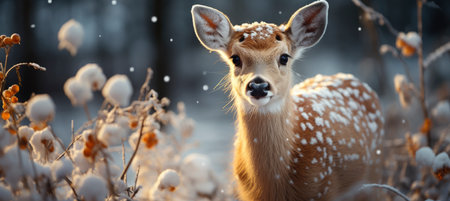 Festive snowy scene featuring snow-covered hills, a mountainous village, deer, woodland, pine trees, and reindeer. Seasonal natural backdrop with fox, elevations, and dwellingsの素材