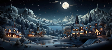 Festive snowy scene featuring snow-covered hills, a mountainous village, deer, woodland, pine trees, and reindeer. Seasonal natural backdrop with fox, elevations, and dwellingsの素材