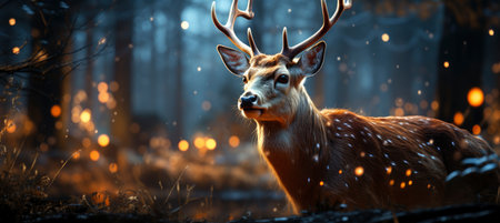 Festive snowy scene featuring snow-covered hills, a mountainous village, deer, woodland, pine trees, and reindeer. Seasonal natural backdrop with fox, elevations, and dwellingsの素材