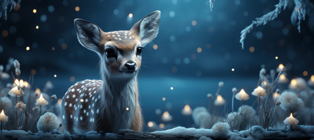 Festive snowy scene featuring snow-covered hills, a mountainous village, deer, woodland, pine trees, and reindeer. Seasonal natural backdrop with fox, elevations, and dwellingsの素材
