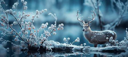 Festive snowy scene featuring snow-covered hills, a mountainous village, deer, woodland, pine trees, and reindeer. Seasonal natural backdrop with fox, elevations, and dwellingsの素材