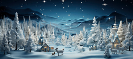 Festive snowy scene featuring snow-covered hills, a mountainous village, deer, woodland, pine trees, and reindeer. Seasonal natural backdrop with fox, elevations, and dwellingsの素材