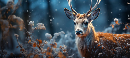 Festive snowy scene featuring snow-covered hills, a mountainous village, deer, woodland, pine trees, and reindeer. Seasonal natural backdrop with fox, elevations, and dwellingsの素材