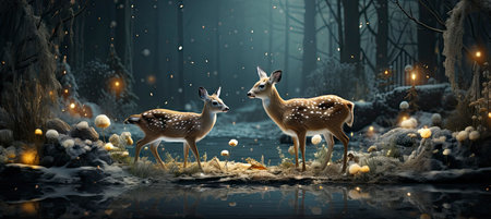 Festive snowy scene featuring snow-covered hills, a mountainous village, deer, woodland, pine trees, and reindeer. Seasonal natural backdrop with fox, elevations, and dwellingsの素材