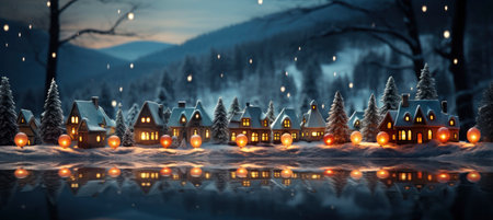 Festive snowy scene featuring snow-covered hills, a mountainous village, deer, woodland, pine trees, and reindeer. Seasonal natural backdrop with fox, elevations, and dwellingsの素材