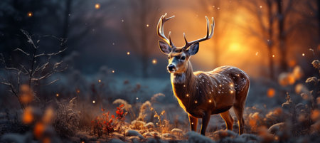 Festive snowy scene featuring snow-covered hills, a mountainous village, deer, woodland, pine trees, and reindeer. Seasonal natural backdrop with fox, elevations, and dwellingsの素材