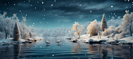 Festive snowy scene featuring snow-covered hills, a mountainous village, deer, woodland, pine trees, and reindeer. Seasonal natural backdrop with fox, elevations, and dwellingsの素材