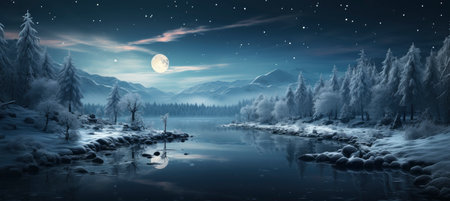 Festive snowy scene featuring snow-covered hills, a mountainous village, deer, woodland, pine trees, and reindeer. Seasonal natural backdrop with fox, elevations, and dwellingsの素材