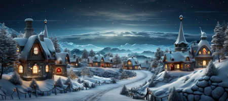 Festive snowy scene featuring snow-covered hills, a mountainous village, deer, woodland, pine trees, and reindeer. Seasonal natural backdrop with fox, elevations, and dwellingsの素材