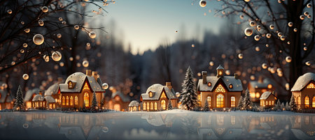 Festive snowy scene featuring snow-covered hills, a mountainous village, deer, woodland, pine trees, and reindeer. Seasonal natural backdrop with fox, elevations, and dwellingsの素材