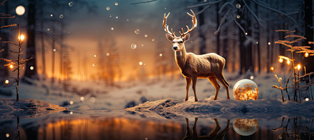 Festive snowy scene featuring snow-covered hills, a mountainous village, deer, woodland, pine trees, and reindeer. Seasonal natural backdrop with fox, elevations, and dwellingsの素材
