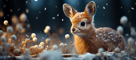 Festive snowy scene featuring snow-covered hills, a mountainous village, deer, woodland, pine trees, and reindeer. Seasonal natural backdrop with fox, elevations, and dwellingsの素材