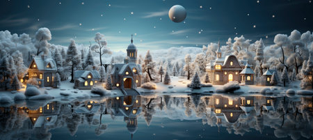 Festive snowy scene featuring snow-covered hills, a mountainous village, deer, woodland, pine trees, and reindeer. Seasonal natural backdrop with fox, elevations, and dwellingsの素材