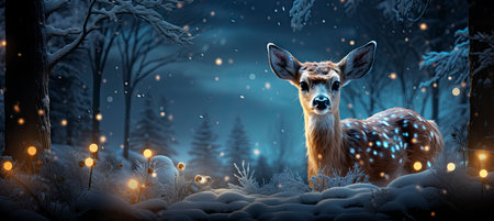 Festive snowy scene featuring snow-covered hills, a mountainous village, deer, woodland, pine trees, and reindeer. Seasonal natural backdrop with fox, elevations, and dwellingsの素材