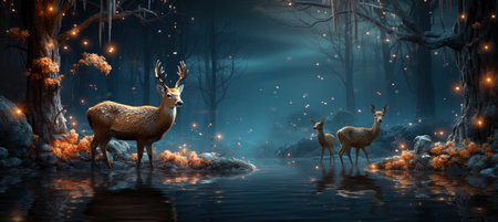 Festive snowy scene featuring snow-covered hills, a mountainous village, deer, woodland, pine trees, and reindeer. Seasonal natural backdrop with fox, elevations, and dwellingsの素材