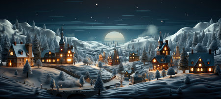 Festive snowy scene featuring snow-covered hills, a mountainous village, deer, woodland, pine trees, and reindeer. Seasonal natural backdrop with fox, elevations, and dwellingsの素材