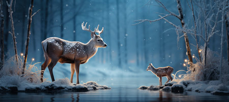 Festive snowy scene featuring snow-covered hills, a mountainous village, deer, woodland, pine trees, and reindeer. Seasonal natural backdrop with fox, elevations, and dwellingsの素材