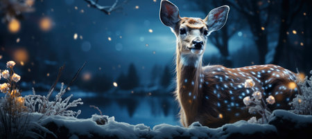 Festive snowy scene featuring snow-covered hills, a mountainous village, deer, woodland, pine trees, and reindeer. Seasonal natural backdrop with fox, elevations, and dwellingsの素材