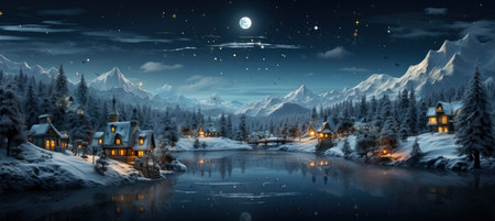 Festive snowy scene featuring snow-covered hills, a mountainous village, deer, woodland, pine trees, and reindeer. Seasonal natural backdrop with fox, elevations, and dwellingsの素材