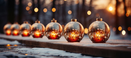 Festive snowy scene featuring snow-covered hills, a mountainous village, deer, woodland, pine trees, and reindeer. Seasonal natural backdrop with fox, elevations, and dwellingsの素材