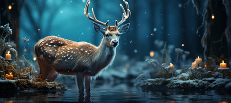 Festive snowy scene featuring snow-covered hills, a mountainous village, deer, woodland, pine trees, and reindeer. Seasonal natural backdrop with fox, elevations, and dwellingsの素材