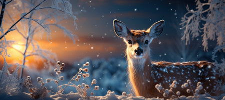 Festive snowy scene featuring snow-covered hills, a mountainous village, deer, woodland, pine trees, and reindeer. Seasonal natural backdrop with fox, elevations, and dwellingsの素材