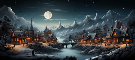Festive snowy scene featuring snow-covered hills, a mountainous village, deer, woodland, pine trees, and reindeer. Seasonal natural backdrop with fox, elevations, and dwellingsの素材