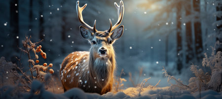 Festive snowy scene featuring snow-covered hills, a mountainous village, deer, woodland, pine trees, and reindeer. Seasonal natural backdrop with fox, elevations, and dwellingsの素材