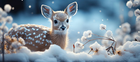 Festive snowy scene featuring snow-covered hills, a mountainous village, deer, woodland, pine trees, and reindeer. Seasonal natural backdrop with fox, elevations, and dwellingsの素材
