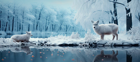 Festive snowy scene featuring snow-covered hills, a mountainous village, deer, woodland, pine trees, and reindeer. Seasonal natural backdrop with fox, elevations, and dwellingsの素材